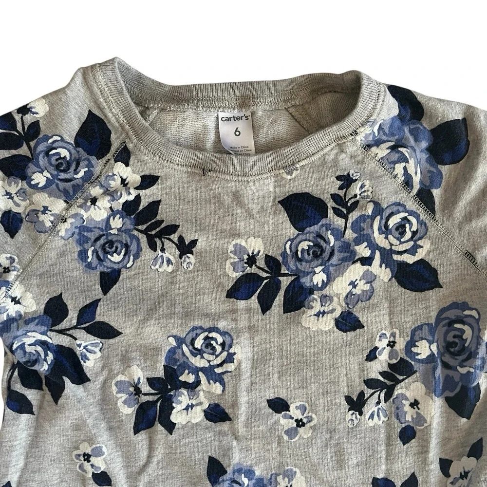 Carter's Girl's Size 6 Floral Shirt Gray 100% Cotton Kangaroo Pocket Terry
